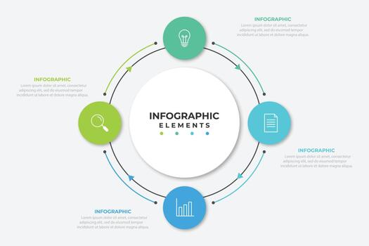 Round scheme with 4 circular paper white elements connected by arrows. Concept of four steps of business cycle or cyclic process. Minimal infographic design template. Modern illustration. vector