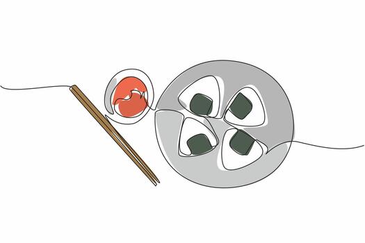 Continuous one line drawing 4 pcs onigiri on a wooden plate with a small bowl of sauce and chopsticks. Sauce adds to the enjoyment. National Rice Ball Day. Single line draw design illustration vector
