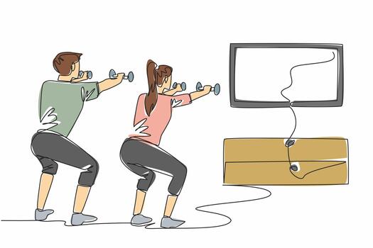 Single continuous line drawing young couple doing exercise at home using dumbbells. Online classes. Keep exercising even at home. Work out. National Exercise Day. One line design illustration vector