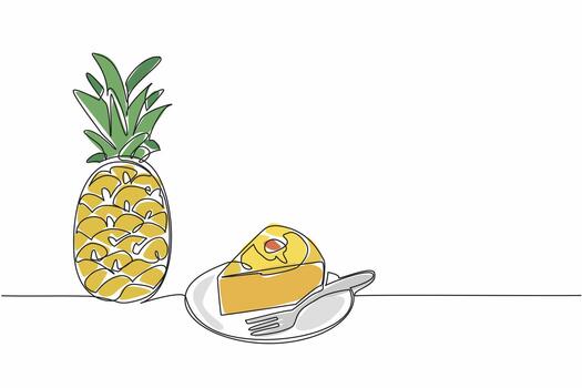 Single continuous line drawing small pieces of pineapple upside-down cake on a small plate. Cake with a distinctive taste. Delicious. Pineapple Upside-Down Cake. One line design illustration vector