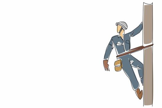 Single continuous line drawing lineman climbs and holds electric pole with one hand. Performing electrical network maintenance. National Lineman Appreciation Day. One line illustration vector