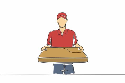 Single one line drawing pizza delivery man carrying a large pizza box. Deliver according to technical instructions. Pizza Delivery Driver Appreciation Day. Continuous line design graphic illustration vector