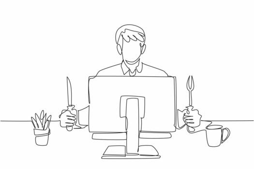 Continuous one line drawing businessman holding knife and fork facing monitor. Starting the morning with breakfast at the office. Efficiency. Deskfast Day. Single line draw design illustration vector