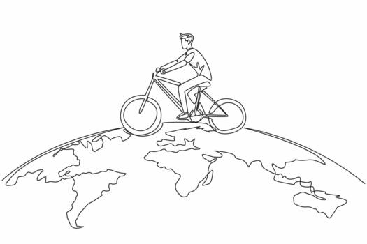 Continuous one line drawing a man riding a bicycle on a semicircular world map. A campaign. Protecting nature by not causing pollution. Iconic. Bicycle Day. Single line draw design illustration vector
