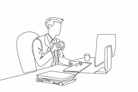 Continuous one line drawing businessman typing on keyboard while holding burger in one hand. Making meeting slides while having breakfast. Deskfast Day. Single line draw design illustration vector