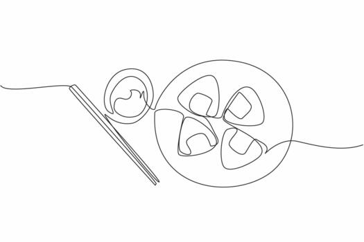 continuo uno línea dibujo 4 4 piezas onigiri en un de madera plato con un pequeño cuenco de salsa y palillos. salsa agrega a el disfrute. nacional arroz pelota día. soltero línea dibujar ilustración vector