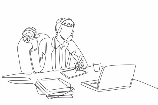 Single one line drawing businessman wearing headphones with mic. Technical support serves consumers via telephone while eating. Saving time. Deskfast Day. Continuous line design graphic illustration vector