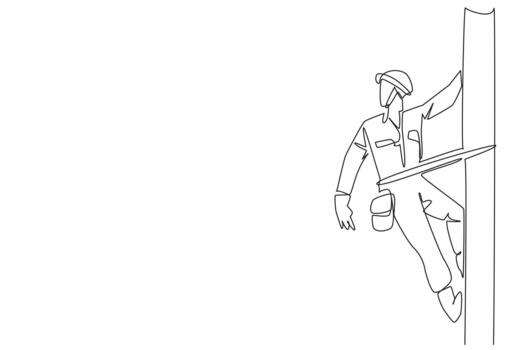 Single continuous line drawing lineman climbs and holds electric pole with one hand. Performing electrical network maintenance. National Lineman Appreciation Day. One line design illustration vector