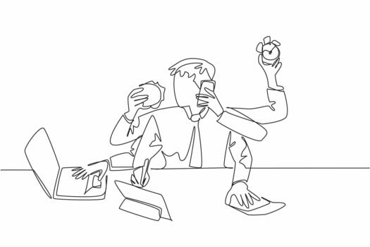 Single continuous line drawing businessman with 6 hands. Each hand with its own busyness. Multitasking in the morning to save time. Productivity. Deskfast Day. One line design illustration vector