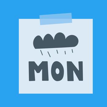 Monday Sticker. Paper label with MON. text and rain cloud for weekly planning. For planner designs, productivity apps and Monday motivation graphics. vector