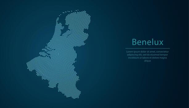 Benelux region map formed with glowing concentric digital lines vector