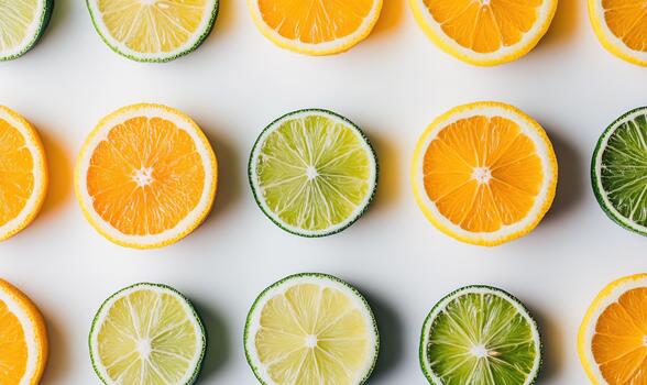 A row of oranges and limes are sliced in half and arranged in a pattern photo