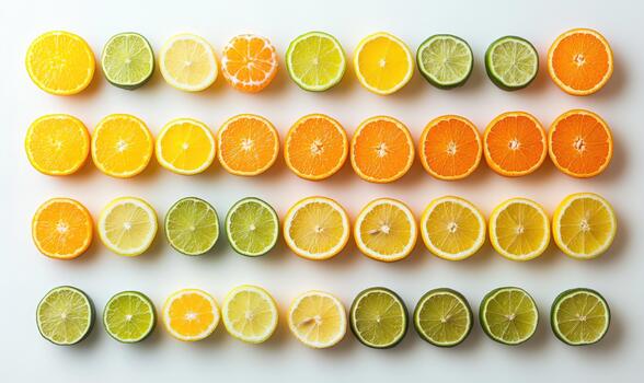 A row of oranges and limes are sliced and arranged in a line photo
