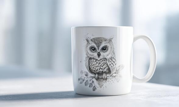 A white coffee mug with a drawing of an owl on it photo