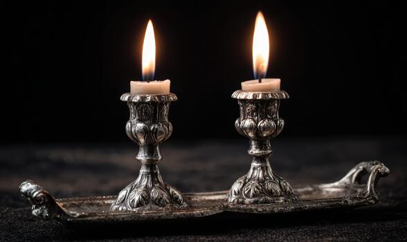 Two candles are lit on a tray photo