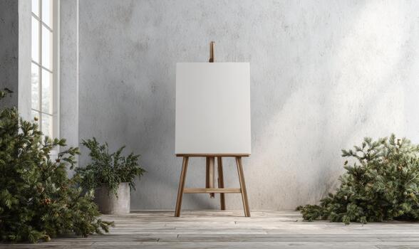 A white canvas is propped up on a wooden easel in a room with a window photo
