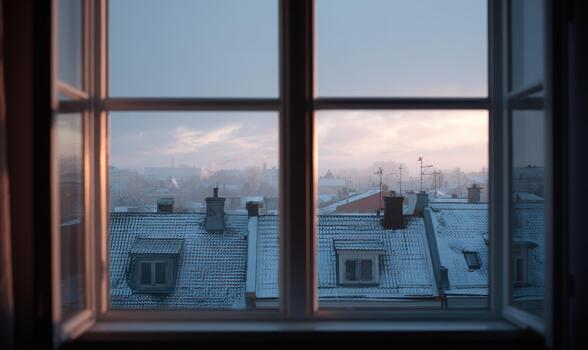 a view of the rooftops of a city from an open window photo