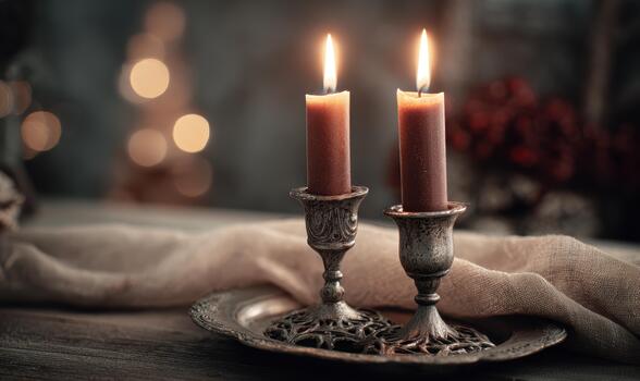 Two candles are lit on a table with a white cloth photo