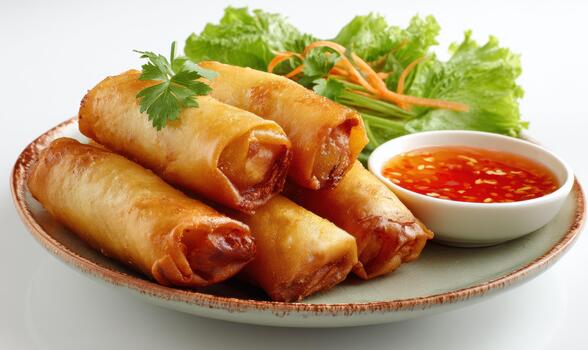 A plate of dumplings with a side of sauce photo