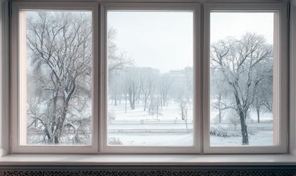 A window with three panes of glass and a view of a snowy park photo
