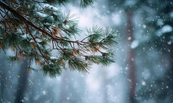 A snow covered tree branch with snow falling on it photo