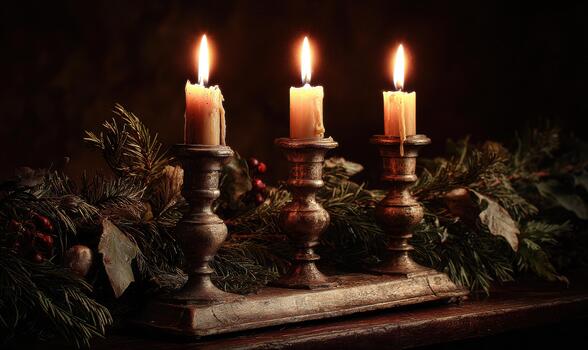 Three candles are lit on a table with greenery photo
