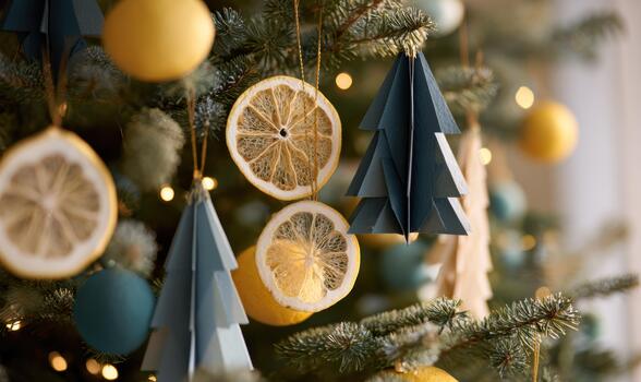 un Navidad árbol decorado con papel arboles y limón rebanadas foto