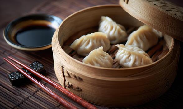 A bowl of dumplings with chopsticks and sauce photo