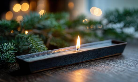 A candle is lit in a black holder on a wooden table photo