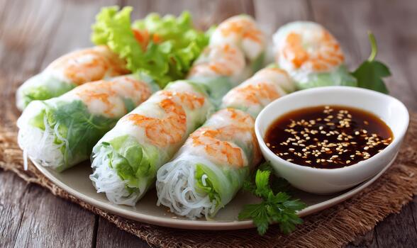 A plate of spring rolls with shrimp and a dipping sauce photo