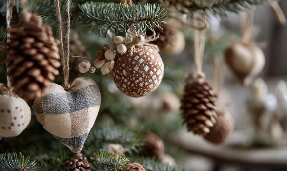 A Christmas tree with many ornaments, including a heart ornament and pine cones photo
