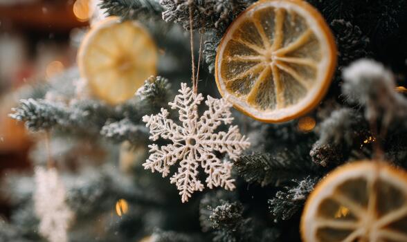 un Navidad árbol con un copo de nieve ornamento y limón rebanadas colgando desde eso foto