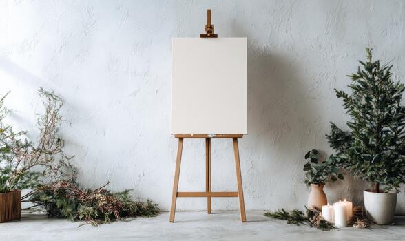 A white canvas is propped up on a wooden easel in front of a Christmas tree photo