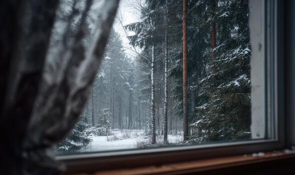 A window view of a snowy forest with trees covered in snow photo