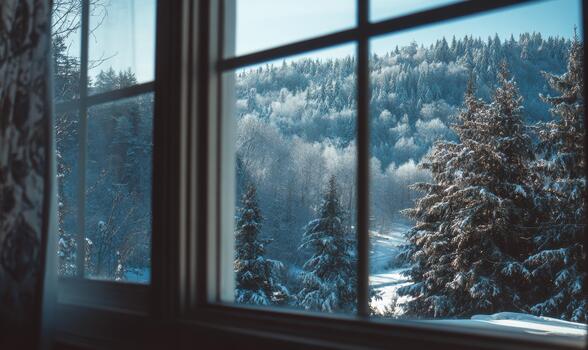 A window view of a snowy forest with trees and a river photo