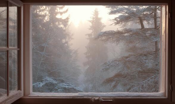 a window with a view of a snowy forest, sunset in the winter forest photo