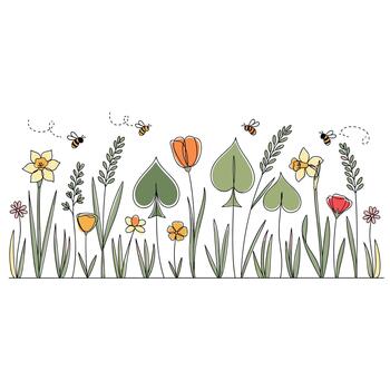 caprichoso jardín de primavera flores incluso narcisos y tulipanes es dibujado en un continuo línea Arte estilo con abejas volador. esta encantador ilustración es Perfecto para un alegre primavera diseño. vector