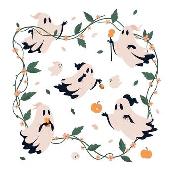 Adorable Halloween scene with several cute, friendly ghosts floating inside a square frame made of green vines and small flowers. vector