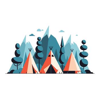 Stylized landscape illustration of a campsite with several teepees nestled among trees at the base of sharp, blue mountains. vector
