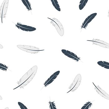 Floating feathers in black and grey create a light, airy seamless pattern on a clean white background, evoking a sense of softness and freedom. vector