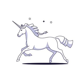 Graceful running unicorn with a braided mane illustrated in a clean, minimalist line art style with subtle shading and decorative stars. vector
