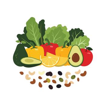 Healthy food composition with a variety of fresh vegetables, fruits, nuts, and seeds arranged in a colorful and appealing display. vector