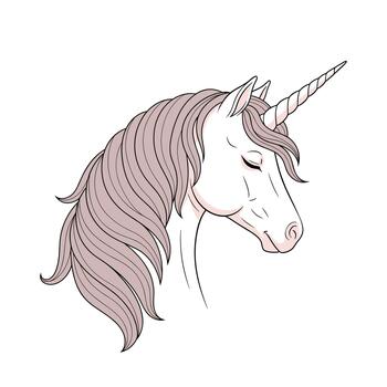 Elegant portrait of a unicorn's head with closed eyes and a flowing dusty pink mane, in a delicate line art style. This magical and serene mythical creature is perfect for fantasy art. vector