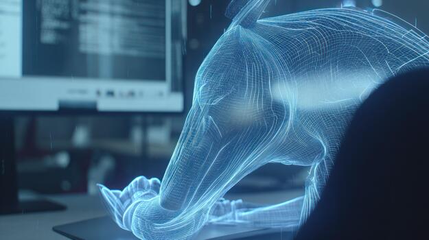 Futuristic Wireframe Horse Head Hologram Glowing Blue in Futuristic Lab Setting with Computer Screens, research photo