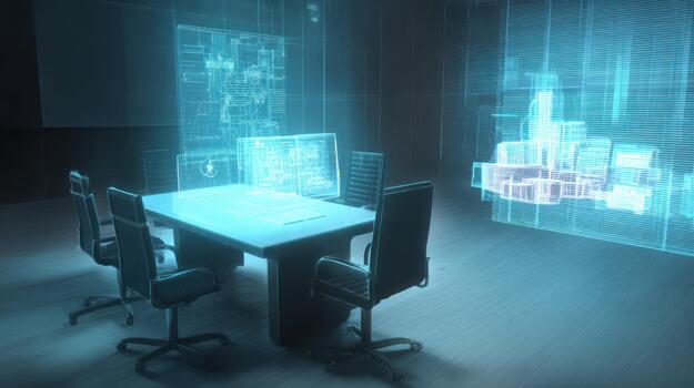 Futuristic Holographic Blueprint Room Meeting Table and Chairs with Digital Displays, virtual photo
