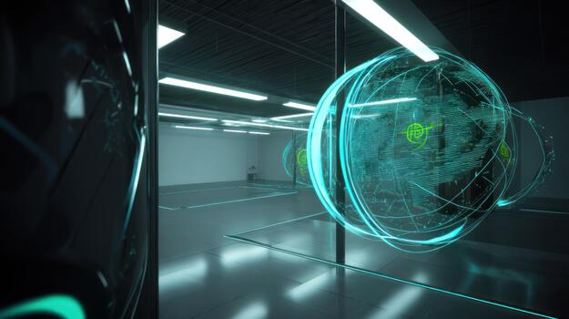 Futuristic Holographic Earth Globe in a Modern Digital Data Center, communication photo