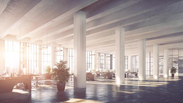 Modern Open Plan Office with Sunlit Workspaces and Concrete Pillars, desk photo