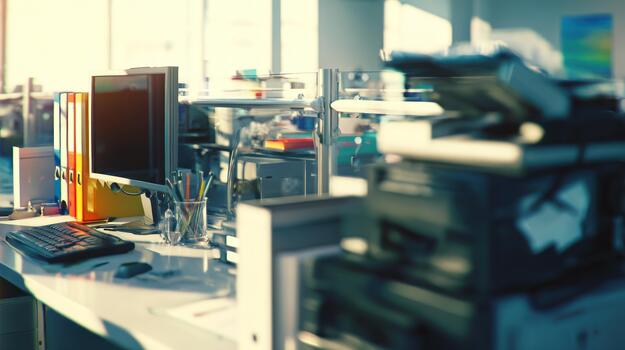 Modern Office Workspace with Desktop Computer, Keyboard and Printer on Desk, administrative photo