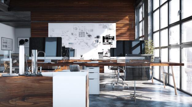 Modern Office Design, Desk with Computers, Architectural Blueprints on Wall, Natural Light, drawing photo