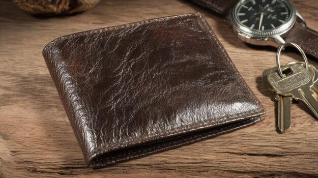 Brown Leather Bifold Wallet with Keys and Watch on Rustic Wood Background, everyday photo